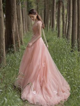 Picture of Charming Pink Tulle A-line with Flowers Long Evening Gown Formal Dresses, Light Pink Party Dress